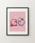 Kirby & Jigglypuff kawaii art print framed on a wall — Kirby Pokémon crossover by Dammit.png
