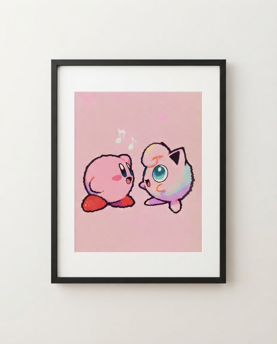 Kirby & Jigglypuff kawaii art print framed on a wall — Kirby Pokémon crossover by Dammit.png