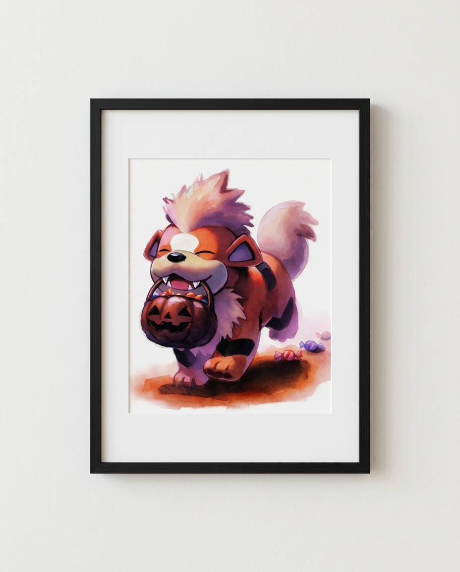 Growlithe Candy Run Halloween watercolour Pokémon art print in a black frame with white mat