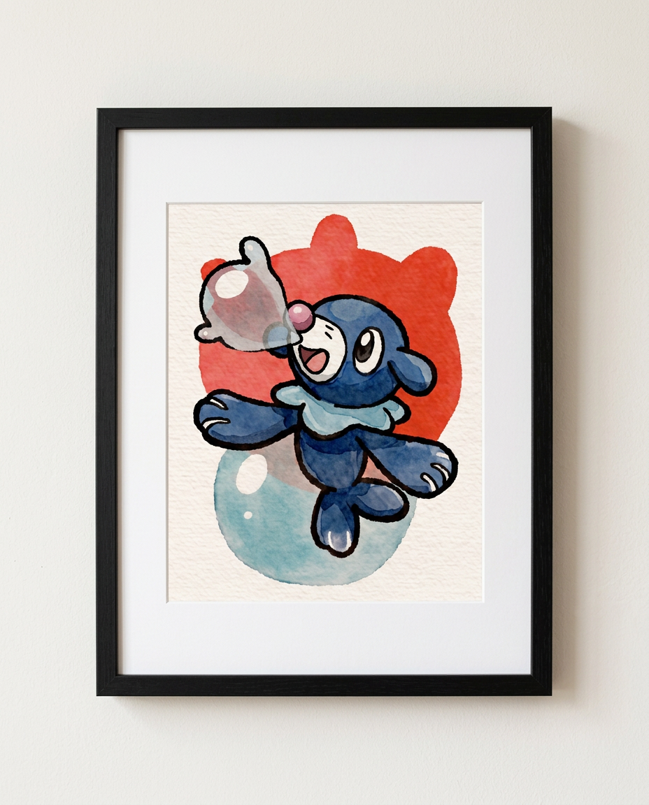 Popplio Bubble Show watercolour Pokémon starter art print in a black frame with white mat