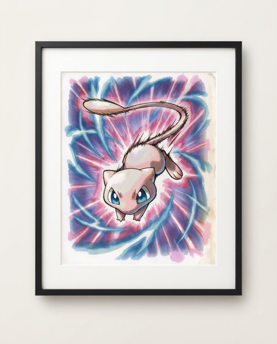 Mew aurora trail watercolour art print framed on a wall — Pokémon fan art by Dammit.png