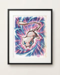 Mew aurora trail watercolour art print framed on a wall — Pokémon fan art by Dammit.png