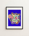 Gengar — Lollipop neon kawaii art print framed on a wall