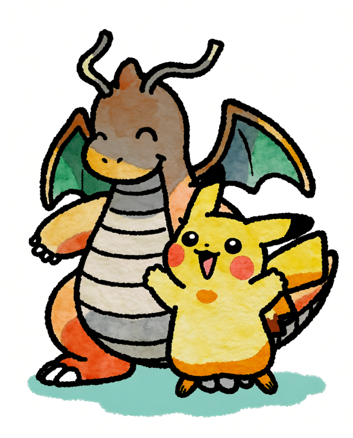 Dragonite & Pikachu — Best Buds illustration, watercolour Dragonite smiling behind a waving Pikachu
