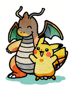 Dragonite & Pikachu — Best Buds illustration, watercolour Dragonite smiling behind a waving Pikachu