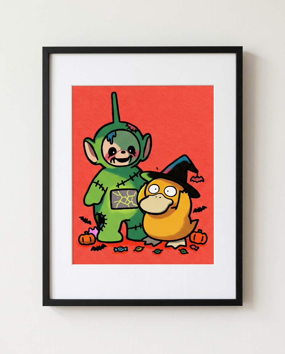Zombie Teletubbies Dipsy and Psyduck Halloween art print in a black frame by Dammit.png