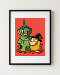 Zombie Teletubbies Dipsy and Psyduck Halloween art print in a black frame by Dammit.png