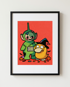 Zombie Teletubbies Dipsy and Psyduck Halloween art print in a black frame by Dammit.png