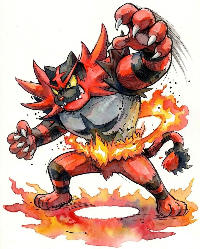 Watercolour illustration of Incineroar swinging its claws inside a ring of fire by Dammit.png