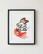 Scorbunny Pyro Ball watercolour Pokémon starter art print in a black frame with white mat