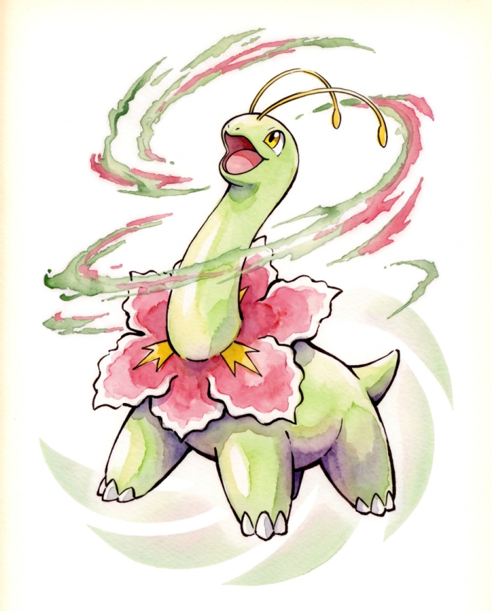 Watercolour illustration of Meganium surrounded by swirling green and pink petals by Dammit.png