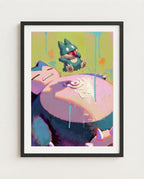 Snorlax & Munchlax — Snack Time impasto art print framed in a black frame with white mat