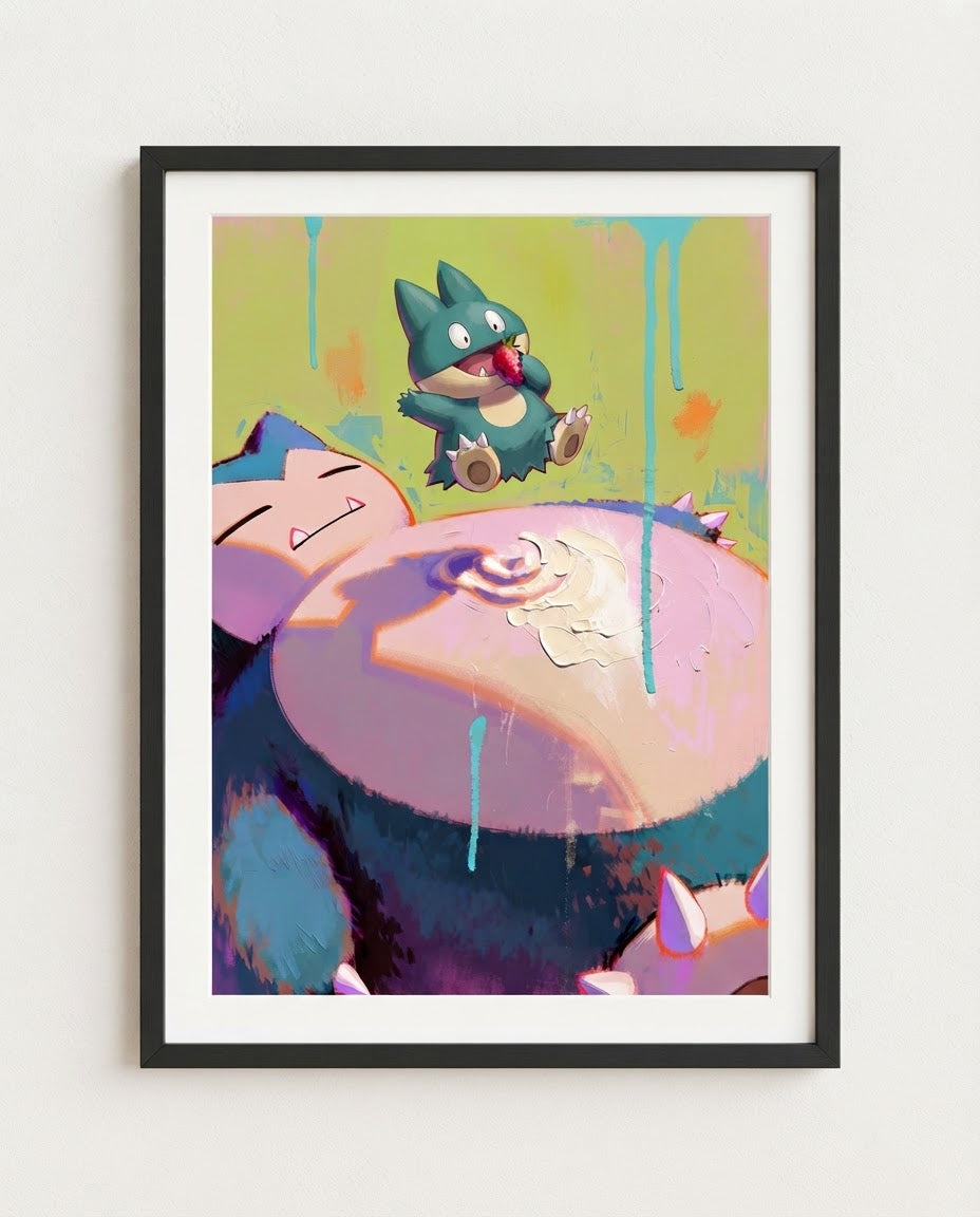 Snorlax & Munchlax — Snack Time impasto art print framed in a black frame with white mat