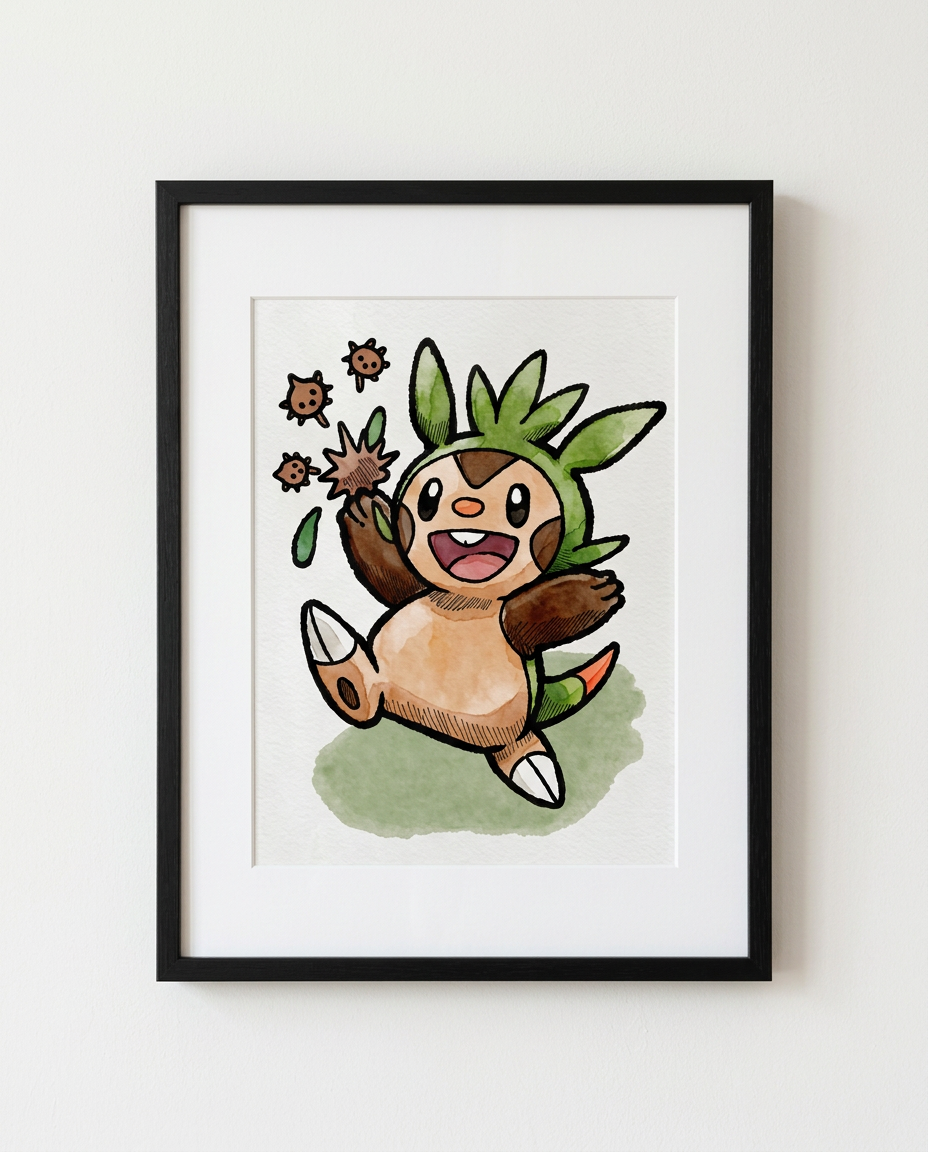 Chespin Pin Missile watercolour Pokémon starter art print in a black frame with white mat