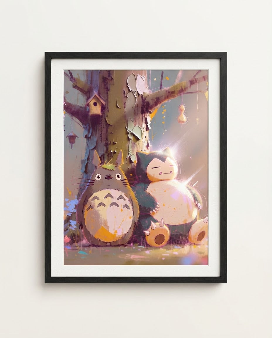 Totoro and Snorlax framed art print