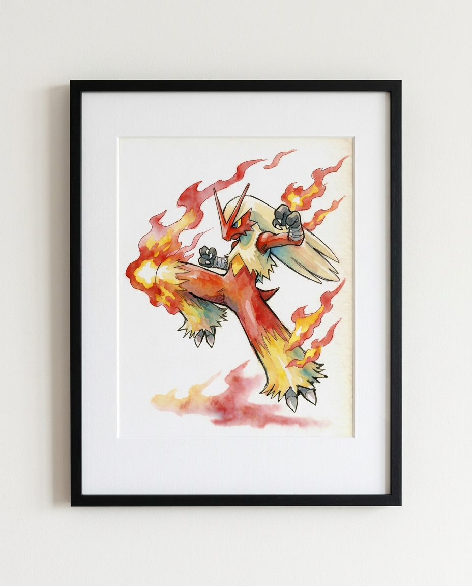 Blaziken Blaze Kick watercolour Pokémon art print in a black frame with white mat