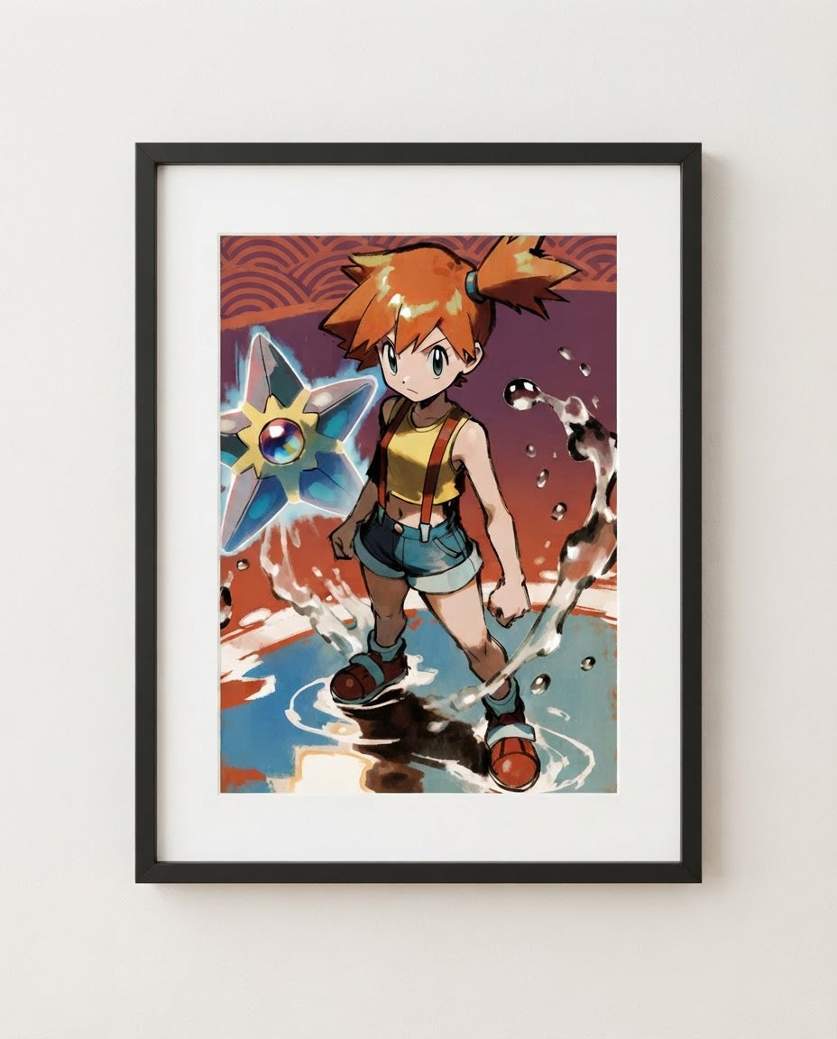 Misty & Staryu art print framed on a wall