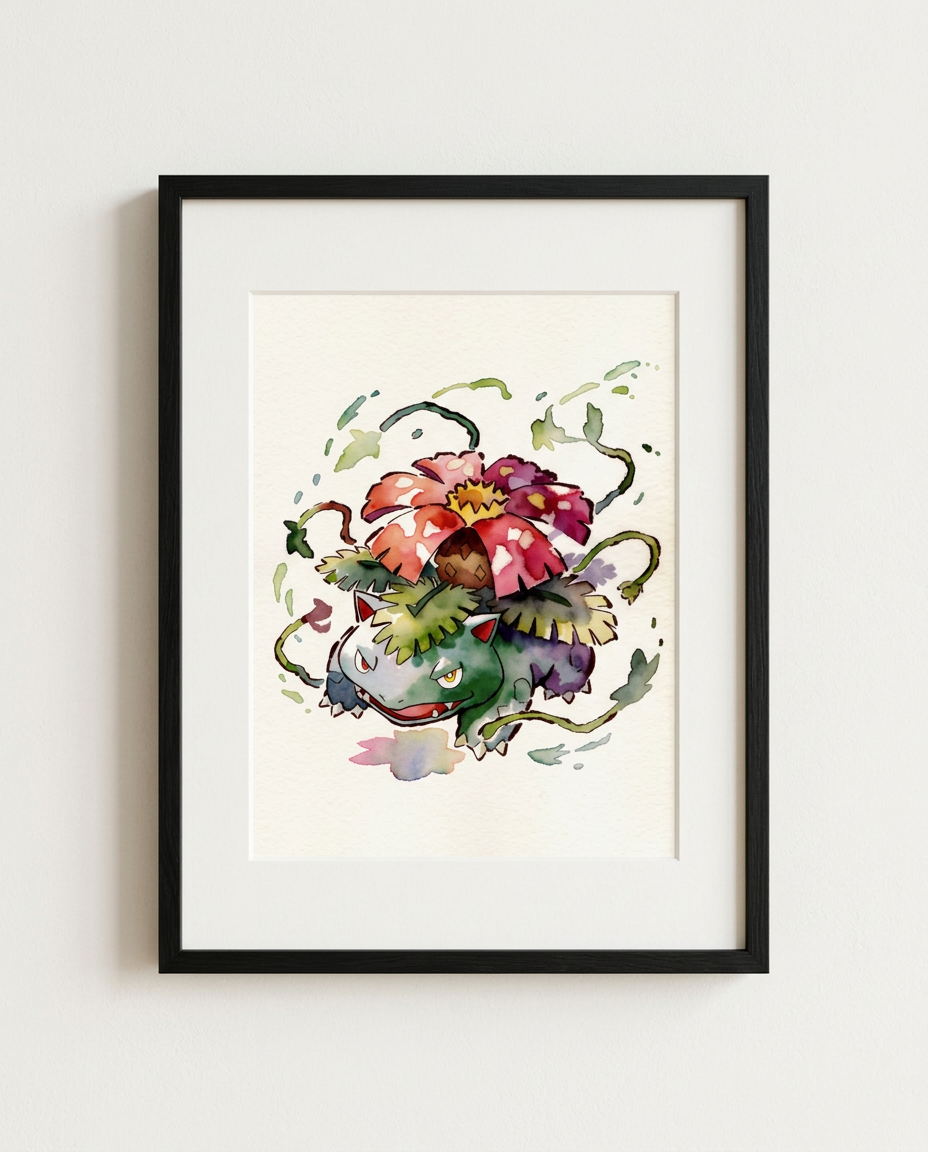 Venusaur Frenzy Plant watercolour Pokémon art print in a black frame with white mat