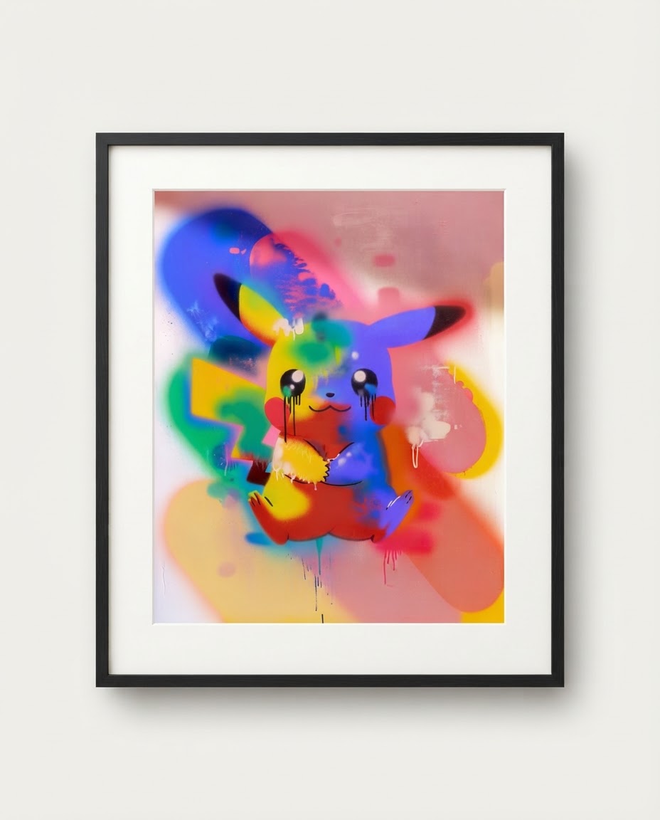Pikachu — Overspray spray paint art print framed on a wall