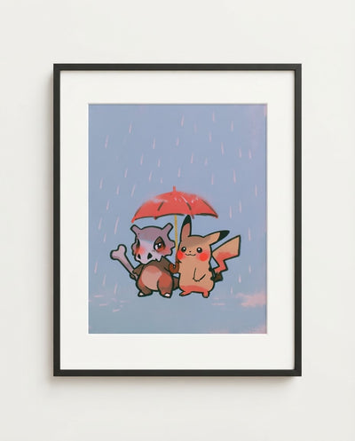 Cubone & Pikachu kawaii art print framed on a wall — Pokémon fan art by Dammit.png
