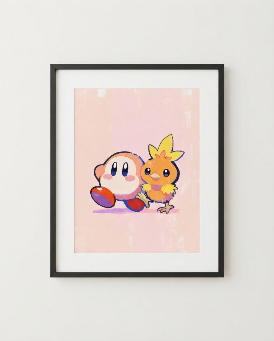 Waddle Dee & Torchic kawaii art print framed on a wall — Kirby Pokémon crossover by Dammit.png