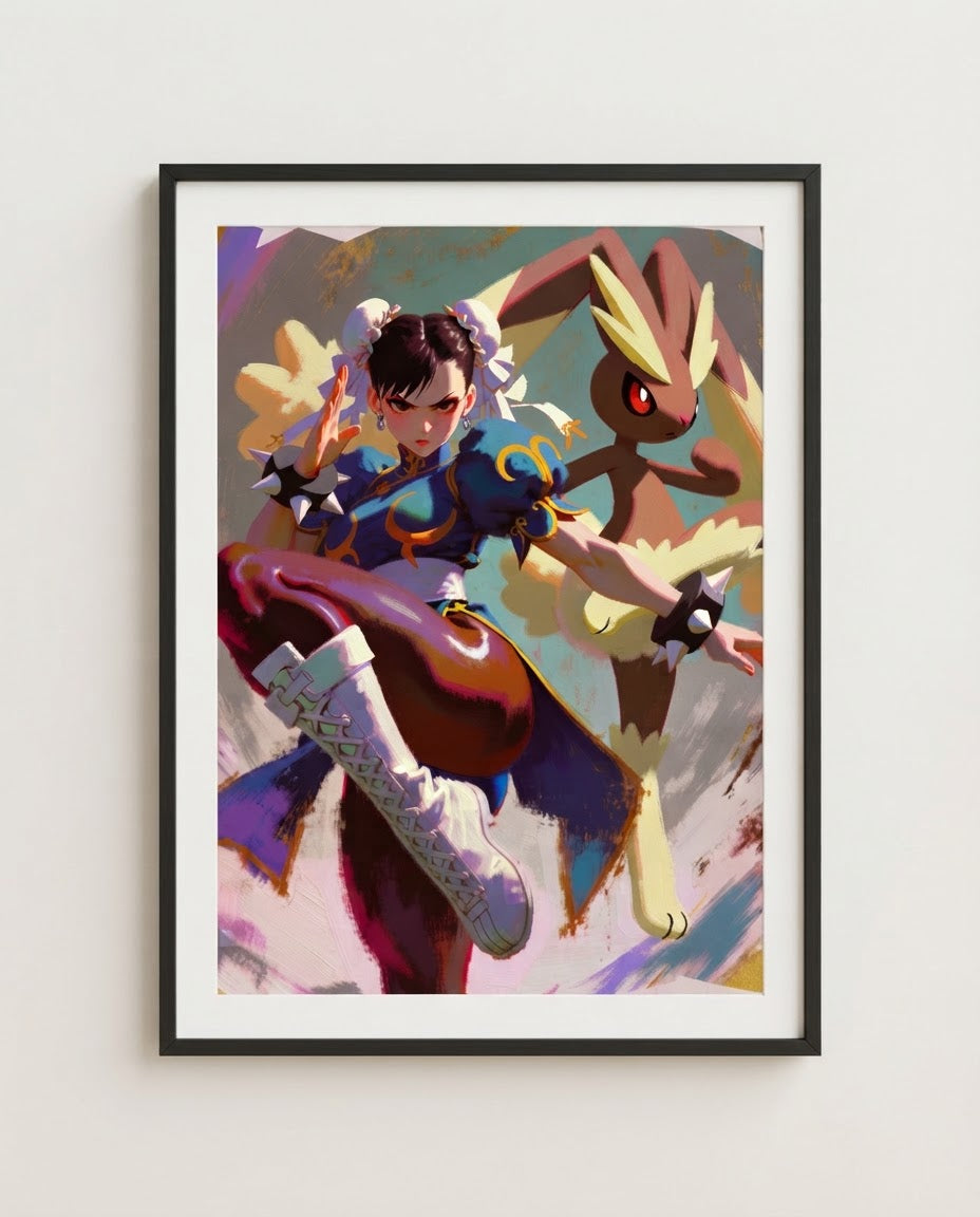 Chun-Li & Lopunny art print framed on a wall — Street Fighter Pokémon crossover by Dammit.png