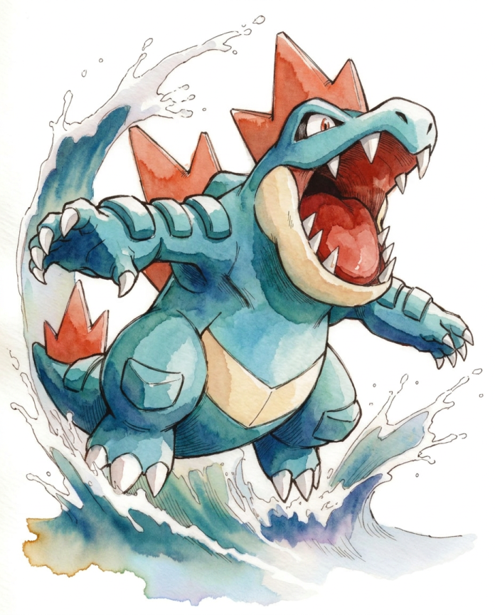 Watercolour illustration of Feraligatr bursting from a curling wave by Dammit.png