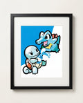 Squirtle & Totodile — Water Fight ink wash art print framed on a wall