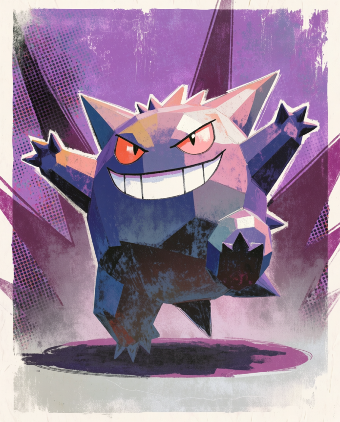 Gengar — Showtime illustration, faceted Gengar posing on purple halftone background