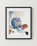 Poliwag Candy Stare Halloween watercolour Pokémon art print in a black frame with white mat