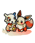 Cubone & Eevee — Bone to Pick watercolour illustration, Cubone holding a bone next to Eevee