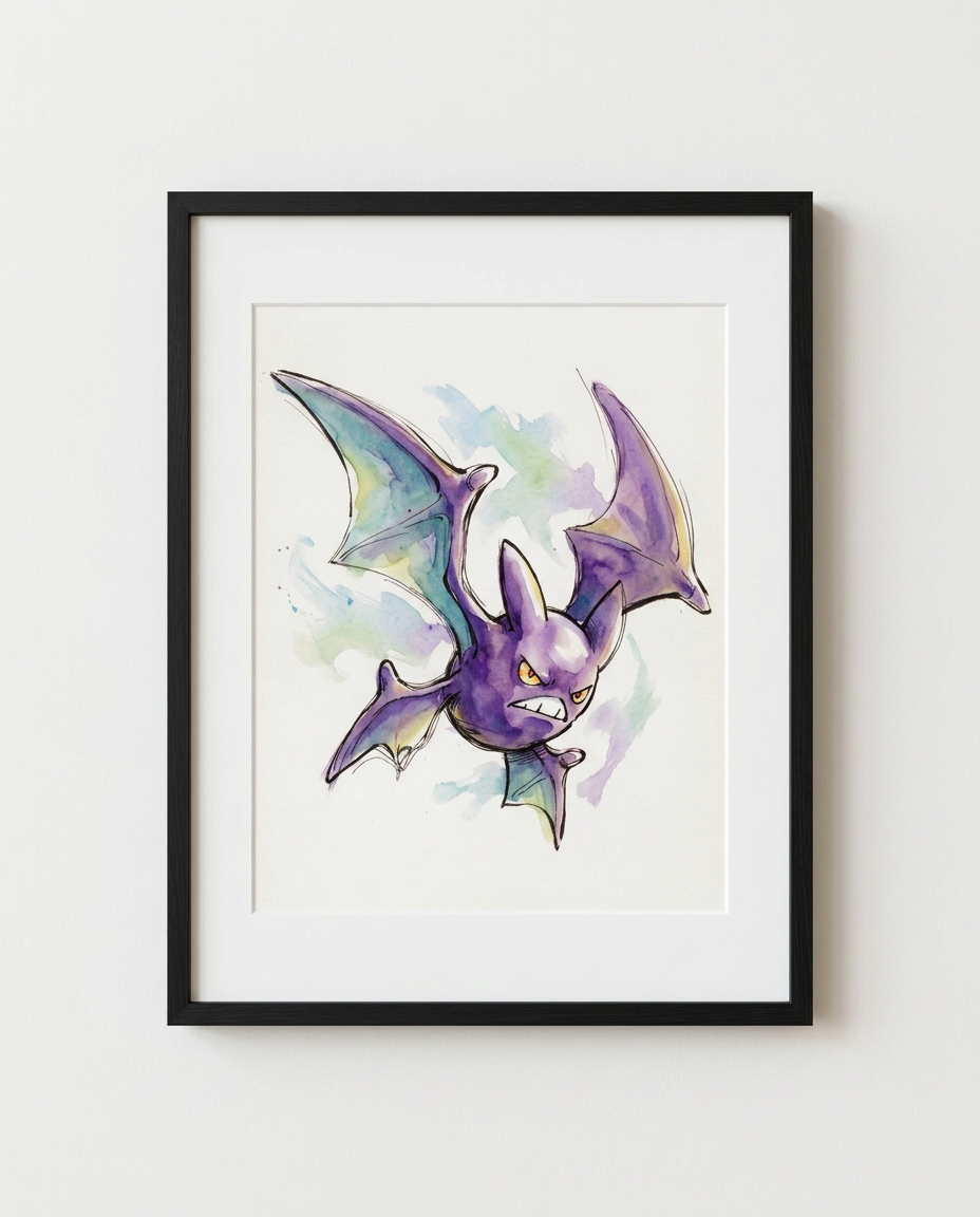 Crobat Air Slash watercolour Pokémon art print in a black frame with white mat