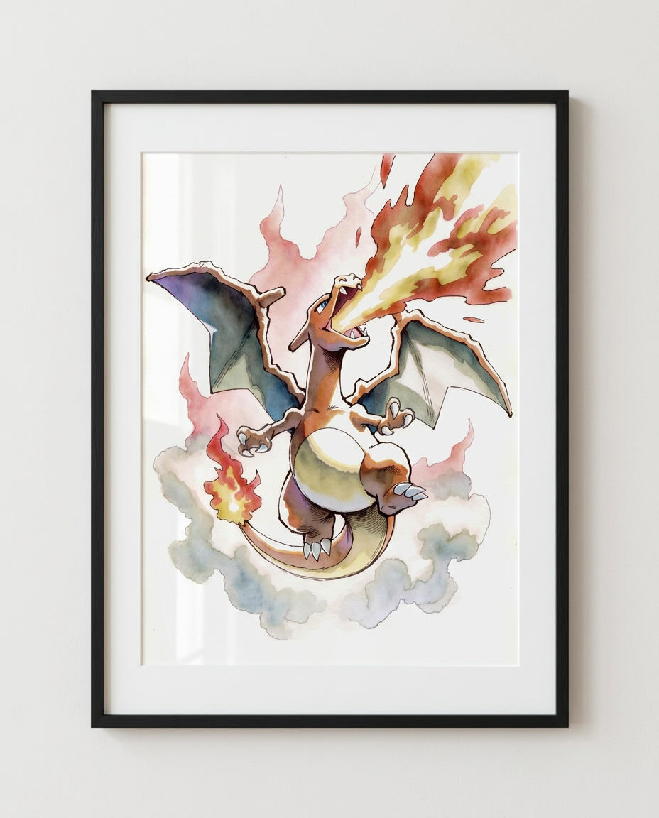 Charizard Blast Burn watercolour Pokémon art print in a black frame with white mat