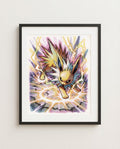 Jolteon watercolour art print framed on a wall — Pokémon fan art by Dammit.png