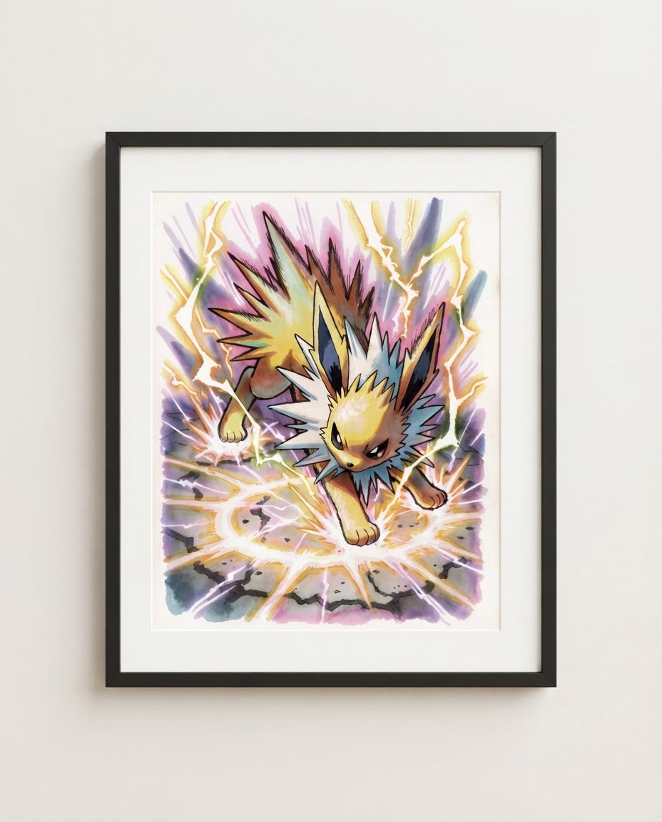 Jolteon watercolour art print framed on a wall — Pokémon fan art by Dammit.png