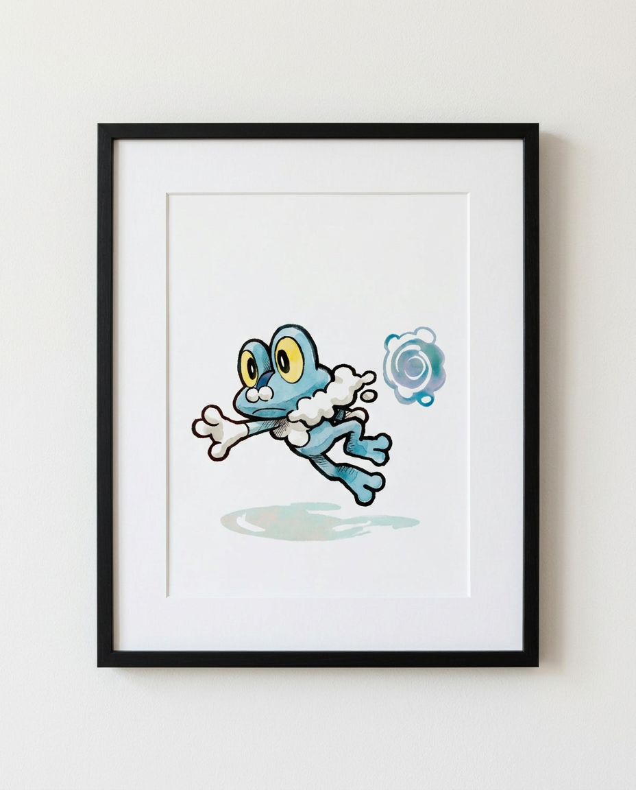 Froakie Frubbles watercolour Pokémon starter art print in a black frame with white mat