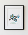 Froakie Frubbles watercolour Pokémon starter art print in a black frame with white mat