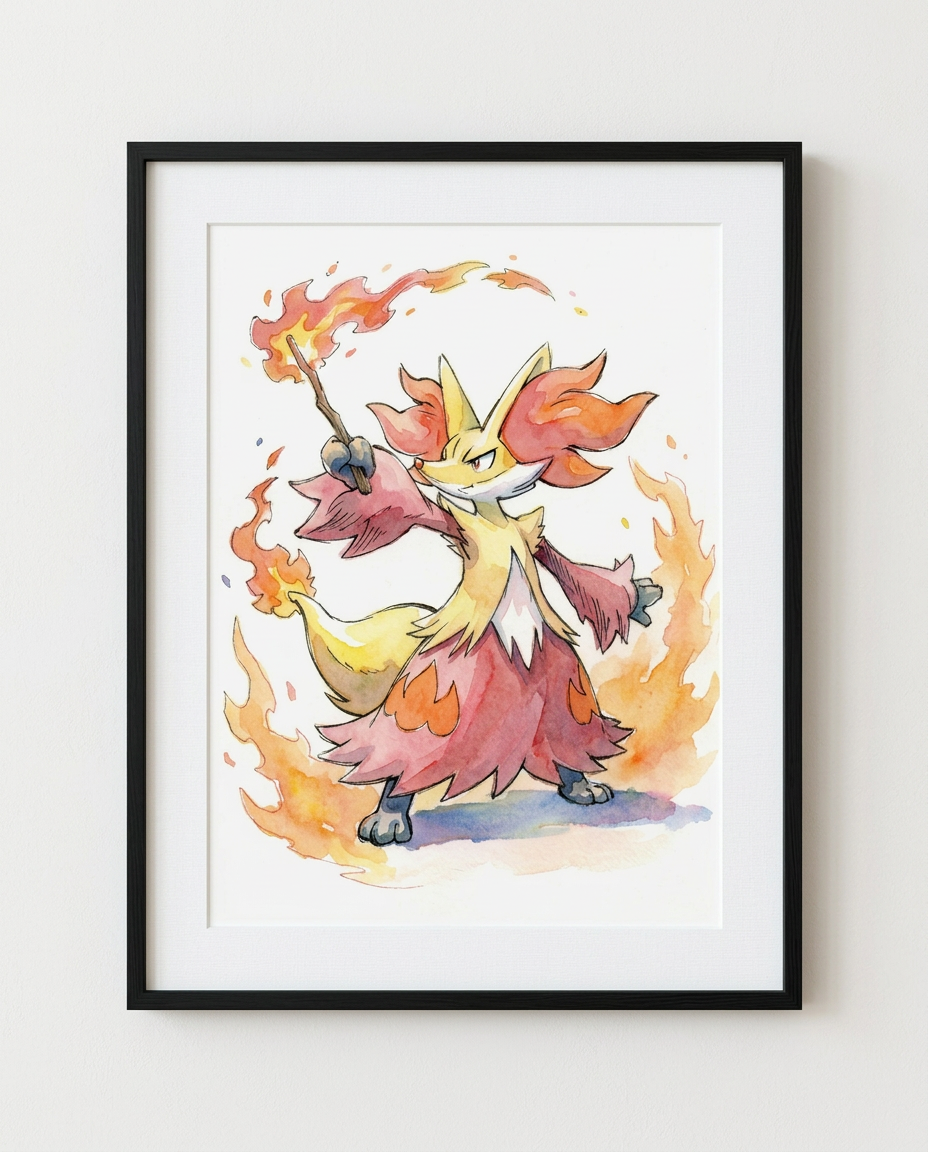 Delphox Mystical Fire watercolour Pokémon art print in a black frame with white mat