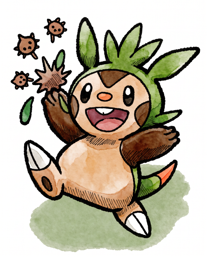Watercolour illustration of Chespin leaping and throwing spiky seeds by Dammit.png