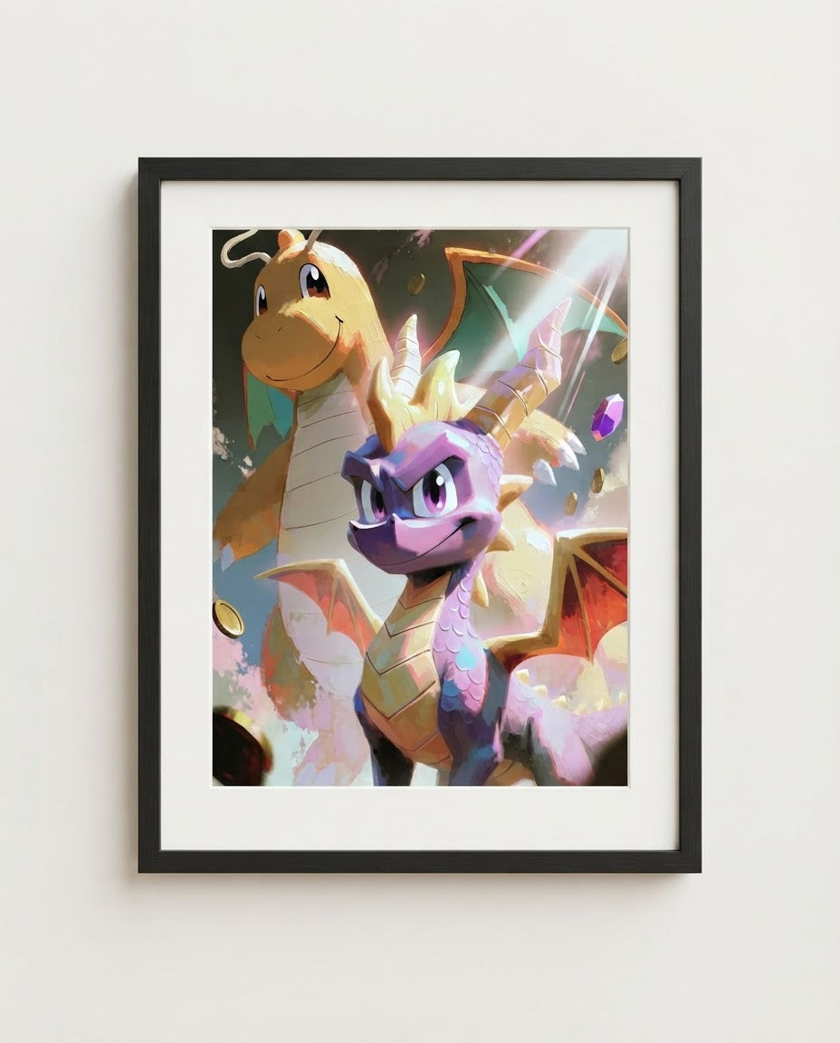 Spyro & Dragonite art print framed on a wall — PlayStation Pokémon crossover by Dammit.png