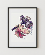 Tinkaton Gigaton Hammer watercolour Pokémon art print in a black frame with white mat