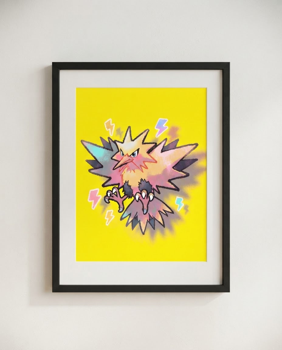 Zapdos — Thunderclap kawaii art print framed on a wall