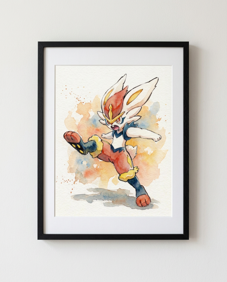 Cinderace Striker watercolour Pokémon art print in a black frame with white mat