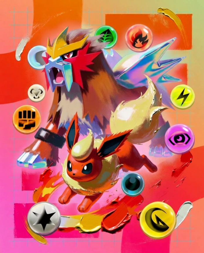 Entei & Flareon — Blazing Energy illustration, Entei and Flareon with energy orbs