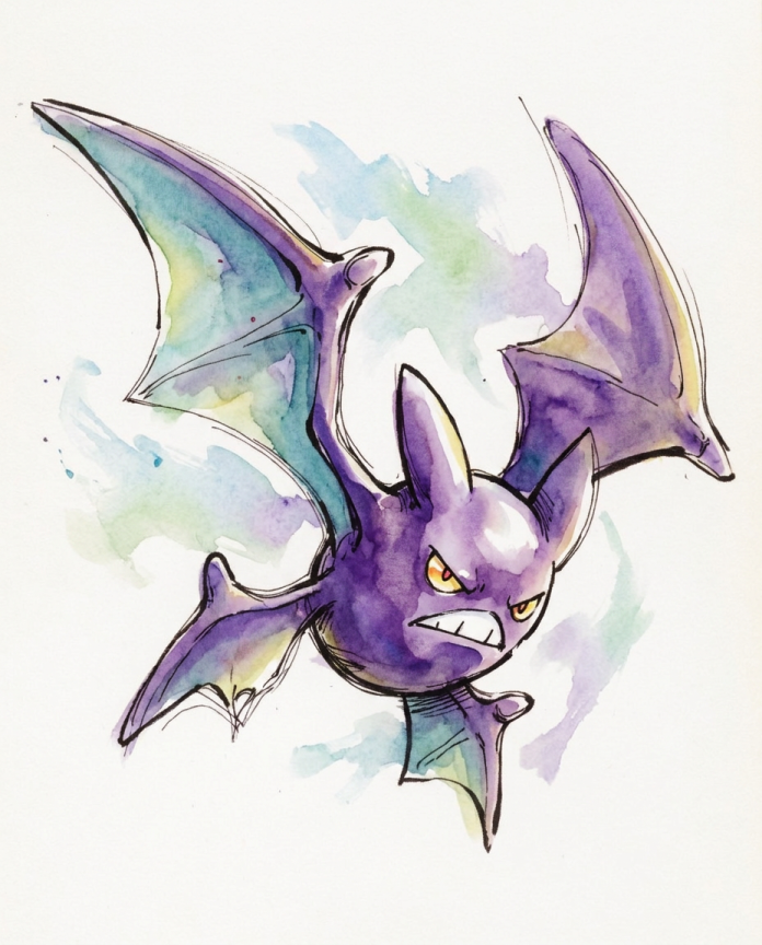 Watercolour illustration of Crobat diving with four wings spread by Dammit.png