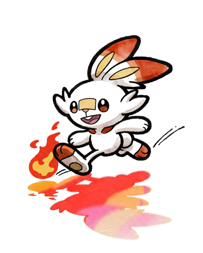 Watercolour illustration of Scorbunny running to kick a fireball by Dammit.png