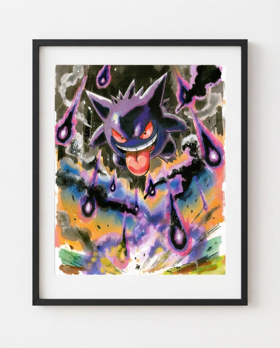 Gengar will-o'-wisp watercolour art print framed on a wall — Pokémon fan art by Dammit.png