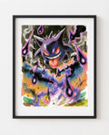 Gengar will-o'-wisp watercolour art print framed on a wall — Pokémon fan art by Dammit.png