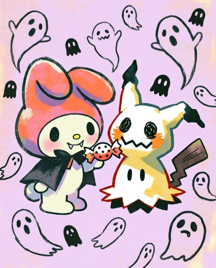 My Melody & Mimikyu — Candy Swap illustration, My Melody in a vampire cape giving candy to Mimikyu