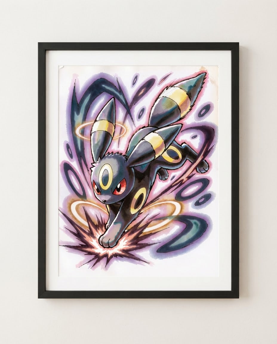 Umbreon watercolour art print framed on a wall — Pokémon fan art by Dammit.png